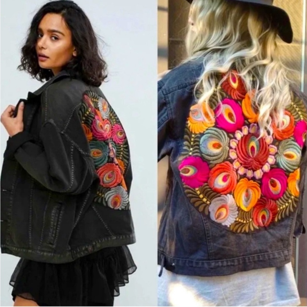 Free People Black Jean Jacket with Colorful Embroidery